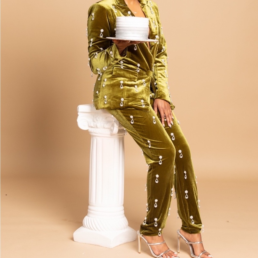 Chartreuse Velvet Embellished Suit WORN ONCE